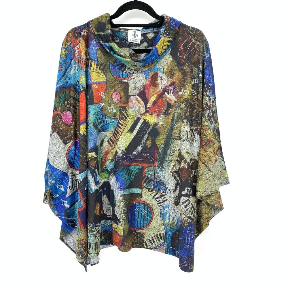 Inoah Oversized Art To Wear Top Womens One Size Cowl Neck Blue Jazz Print NEW